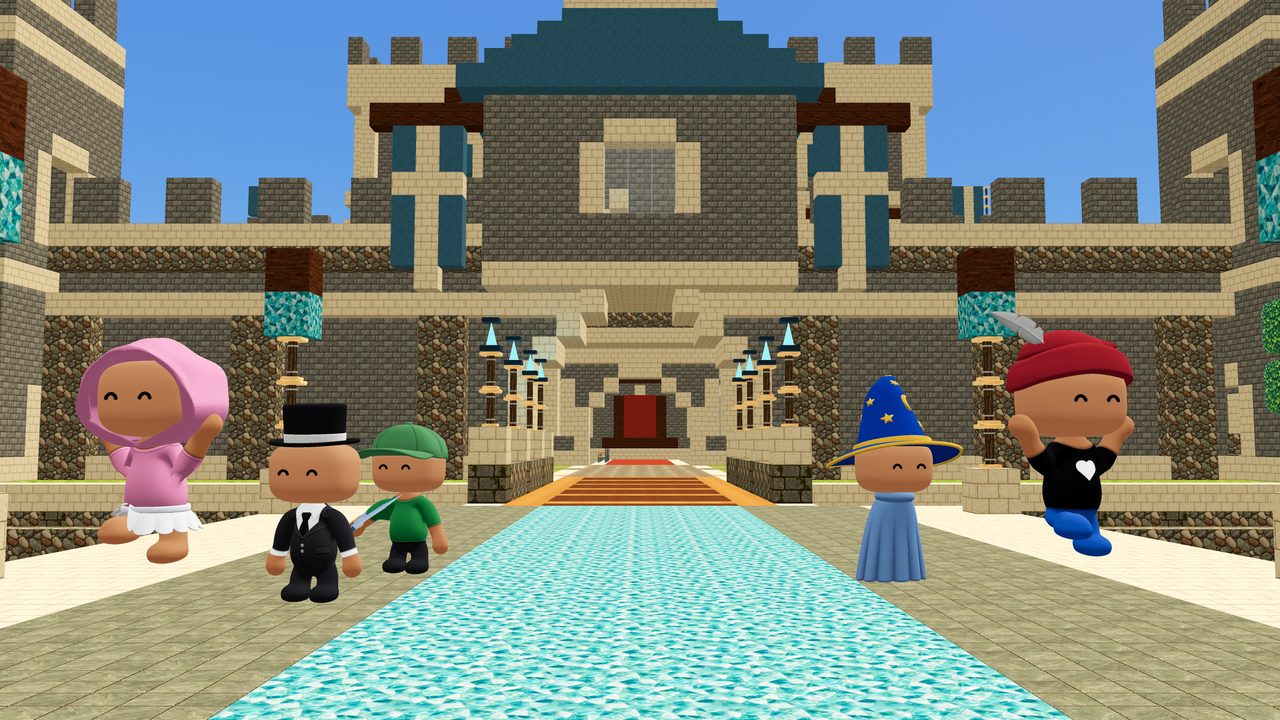 A group of Voxenvale players in front of a castle.